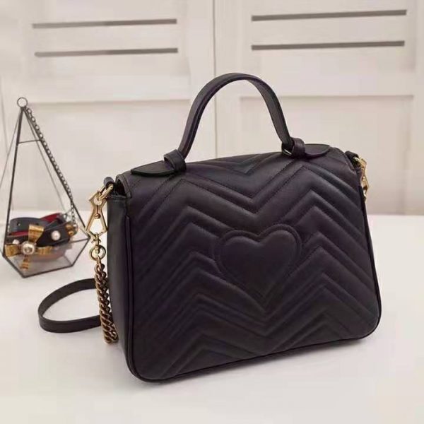 Gucci GG Women GG Marmont Small Top Handle Bag in Black Matelassé Chevron Leather (4)