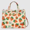 Gucci GG Women Gucci Zumi Strawberry Print Medium Top Handle Bag in Gucci Strawberry Print Ivory Leather