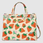 Gucci GG Women Gucci Zumi Strawberry Print Medium Top Handle Bag in Gucci Strawberry Print Ivory Leather