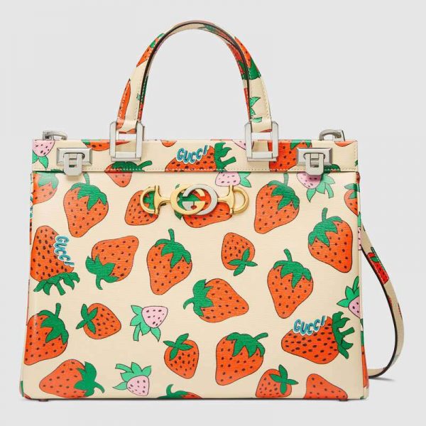 Gucci GG Women Gucci Zumi Strawberry Print Medium Top Handle Bag in Gucci Strawberry Print Ivory Leather (1)