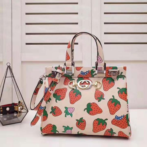Gucci GG Women Gucci Zumi Strawberry Print Medium Top Handle Bag in Gucci Strawberry Print Ivory Leather (2)
