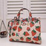 Gucci GG Women Gucci Zumi Strawberry Print Medium Top Handle Bag in Gucci Strawberry Print Ivory Leather - Image 3