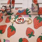 Gucci GG Women Gucci Zumi Strawberry Print Medium Top Handle Bag in Gucci Strawberry Print Ivory Leather - Image 8