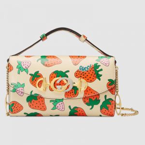 Gucci GG Women Gucci Zumi Strawberry Print Mini Bag in Gucci Strawberry Print Ivory Leather