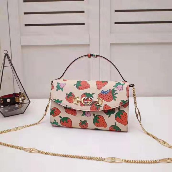Gucci GG Women Gucci Zumi Strawberry Print Mini Bag in Gucci Strawberry Print Ivory Leather (2)