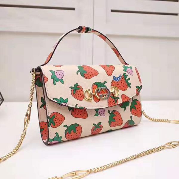 Gucci GG Women Gucci Zumi Strawberry Print Mini Bag in Gucci Strawberry Print Ivory Leather (3)