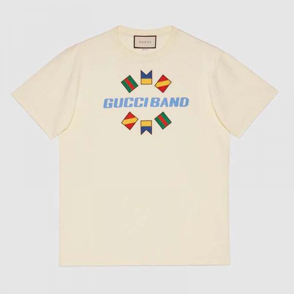 Gucci Men Gucci Band Oversize Print T-Shirt in White Cotton Jersey (1)