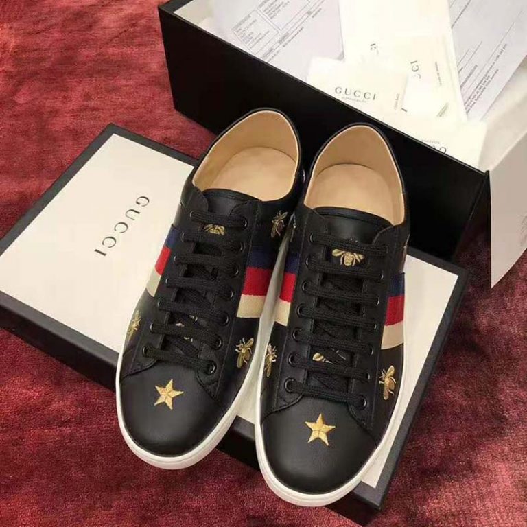 Gucci Men's Ace Embroidered Sneaker in Black Leather with Bees and ...