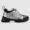 Gucci Unisex Flashtrek Sneaker with Crystals in Silver Metallic Leather 5.6 cm Heel