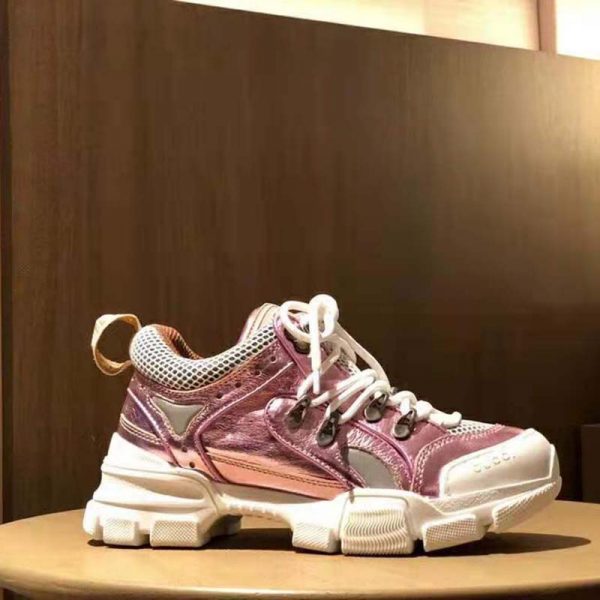 Gucci Unisex Flashtrek Sneaker with Removable Crystals in Pink Metallic Leather 5.6 cm Heel (4)