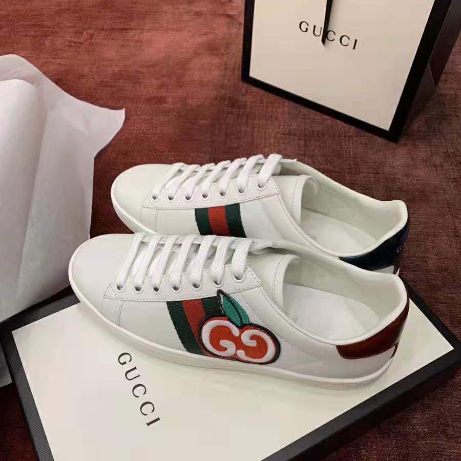Gucci Unisex Ace Sneaker with GG Apple in White Leather 2 cm Heel - LULUX