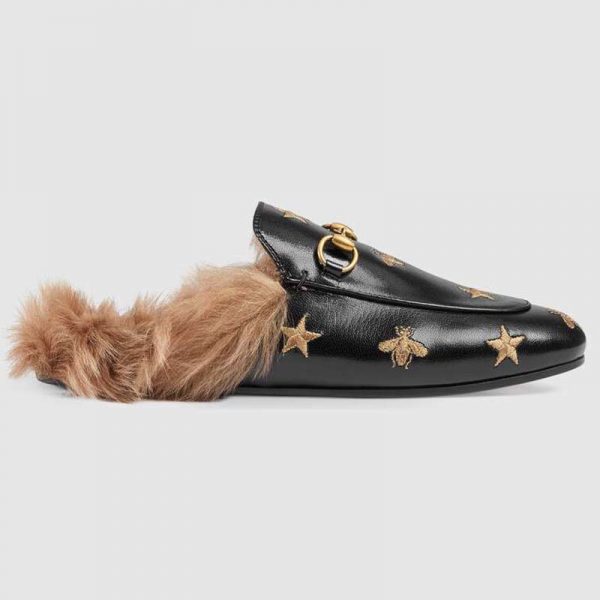 Gucci Unisex Princetown Embroidered Leather Slipper with Bees and Stars in Lamb Wool-Black (1)