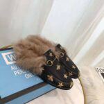 Gucci Unisex Princetown Embroidered Leather Slipper with Bees and Stars in Lamb Wool-Black - Imagen 2