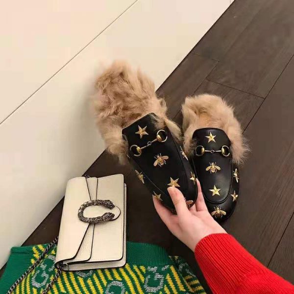 Gucci Unisex Princetown Embroidered Leather Slipper with Bees and Stars in Lamb Wool-Black (3)