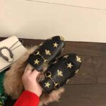 Gucci Unisex Princetown Embroidered Leather Slipper with Bees and Stars in Lamb Wool-Black - Imagen 12