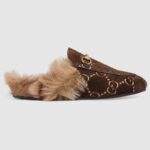 Pantofola unisex Gucci Princetown GG Velvet in lana d'agnello - Marrone