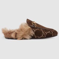 Gucci Unisex Princetown GG Velvet Slipper in Lamb Wool-Brown