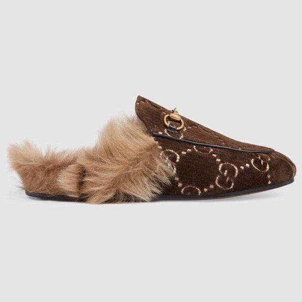 Gucci Unisex Princetown GG Velvet Slipper in Lamb Wool-Brown (1)