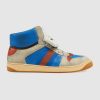 Gucci Unisex Screener GG High-Top Sneaker in Blue Perforated and Off-White Leather