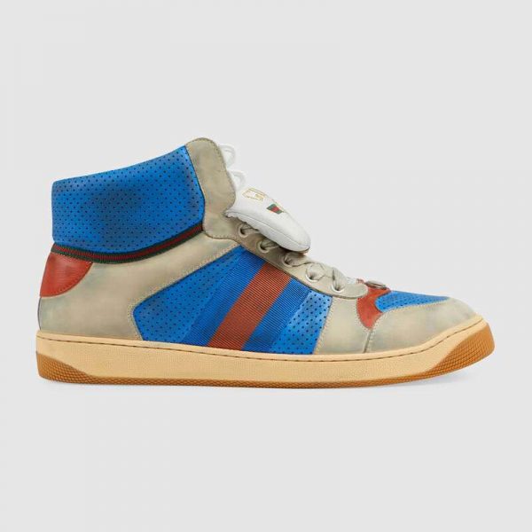Gucci Unisex Screener GG High-Top Sneaker in Blue Perforated and Off-White Leather (1)