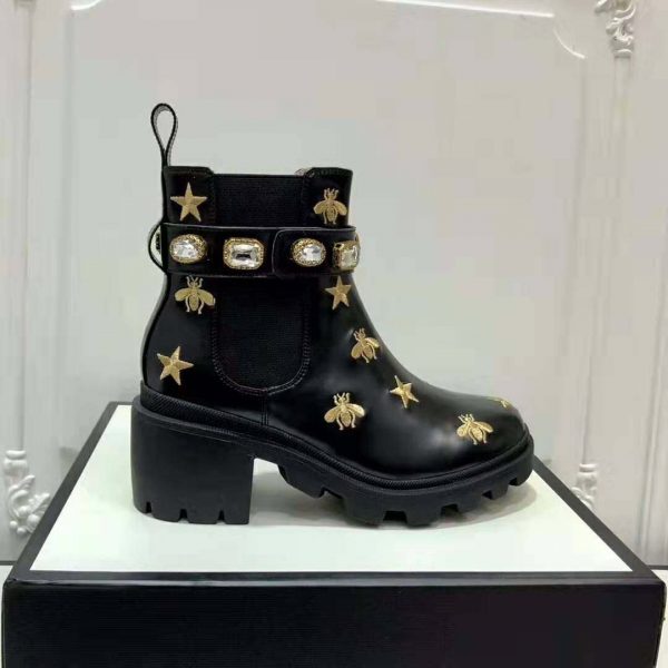 Gucci Women Gucci Embroidered Leather Ankle Boot with Belt in Black leather 6 cm Heel (2)