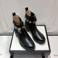 Gucci Women Gucci Leather Ankle Boot with Belt in Black Leather 6 cm Heel (1)