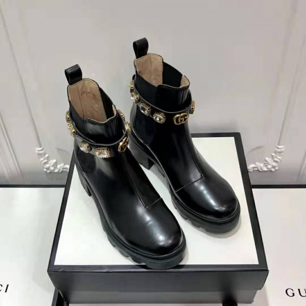 Gucci Women Gucci Leather Ankle Boot with Belt in Black Leather 6 cm Heel (4)