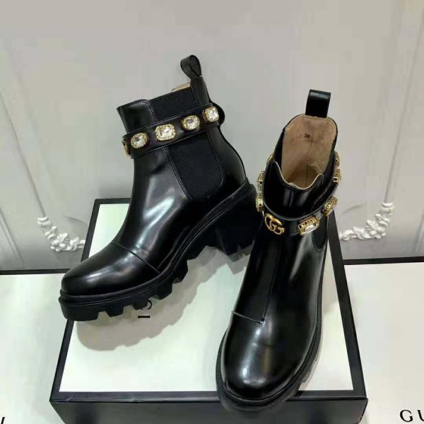 Gucci Women Gucci Leather Ankle Boot with Belt in Black Leather 6 cm Heel (8)