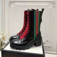 Gucci Women Gucci Leather Ankle Boot with Web in Black Shiny Leather 4.8 cm Heel (1)