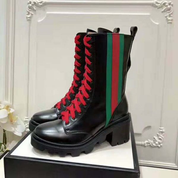 Gucci Women Gucci Leather Ankle Boot with Web in Black Shiny Leather 4.8 cm Heel (3)