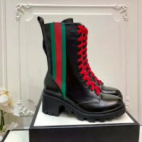 Gucci Women Gucci Leather Ankle Boot with Web in Black Shiny Leather 4.8 cm Heel (1)