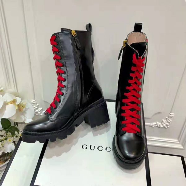 Gucci Women Gucci Leather Ankle Boot with Web in Black Shiny Leather 4.8 cm Heel (5)