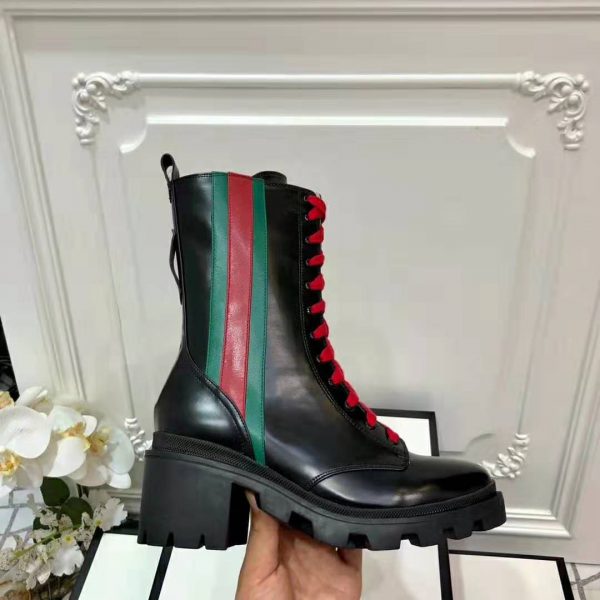 Gucci Women Gucci Leather Ankle Boot with Web in Black Shiny Leather 4.8 cm Heel (7)