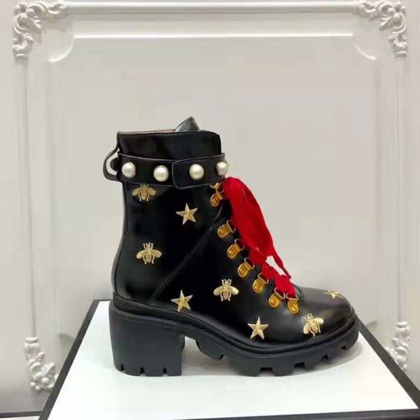 Gucci Women Gucci Leather Embroidered Ankle Boot in Black Leather 8.9 cm-Red (2)