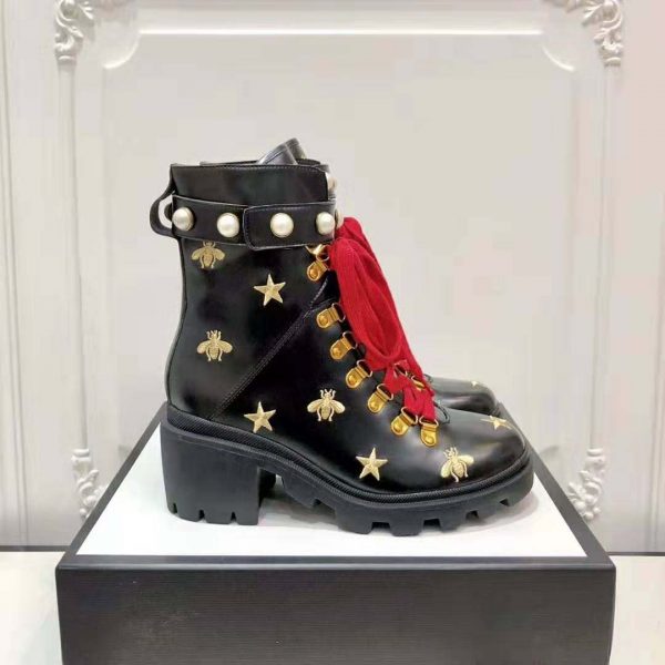 Gucci Women Gucci Leather Embroidered Ankle Boot in Black Leather 8.9 cm-Red (5)