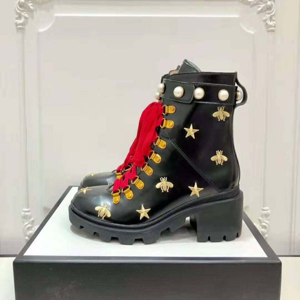 Gucci Women Gucci Leather Embroidered Ankle Boot in Black Leather 8.9 cm-Red (6)