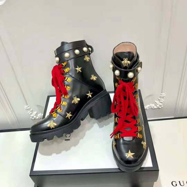 Gucci Women Gucci Leather Embroidered Ankle Boot in Black Leather 8.9 cm-Red (8)