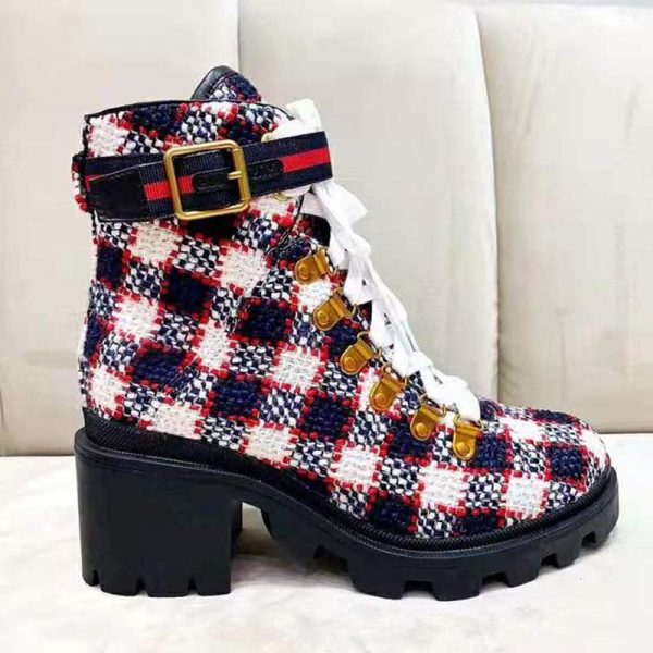 Gucci Women Gucci Zumi GG Check Tweed Ankle Boot in Blue White and Red (2)