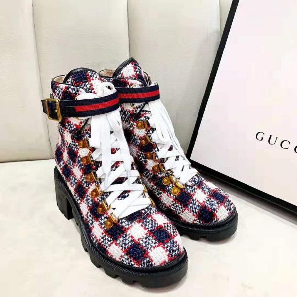 Gucci Women Gucci Zumi GG Check Tweed Ankle Boot in Blue White and Red (3)