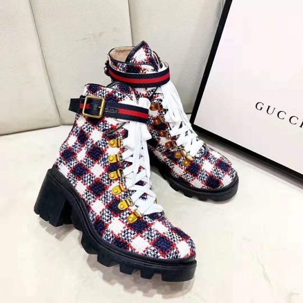 Gucci Women Gucci Zumi GG Check Tweed Ankle Boot in Blue White and Red (4)