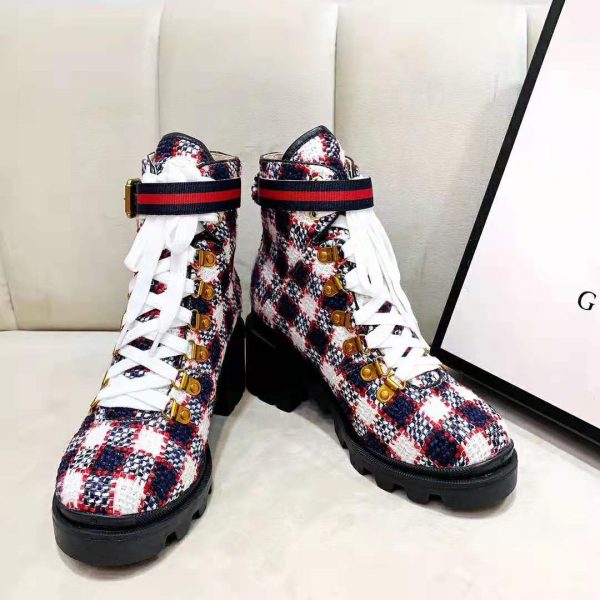 Gucci Women Gucci Zumi GG Check Tweed Ankle Boot in Blue White and Red (5)