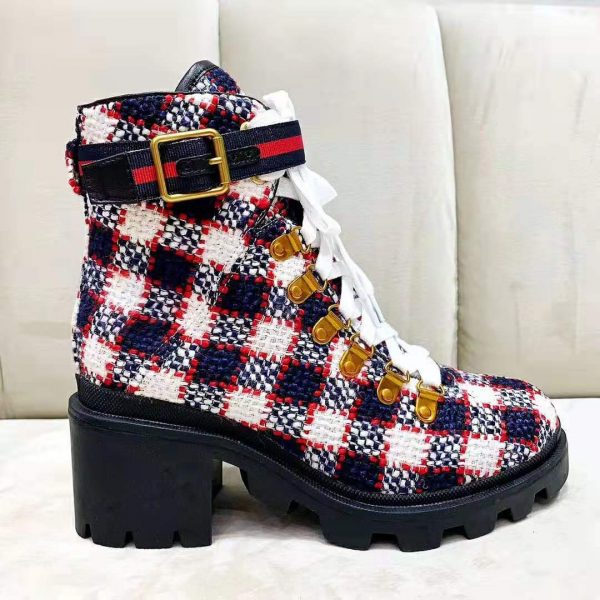 Gucci Women Gucci Zumi GG Check Tweed Ankle Boot in Blue White and Red (6)