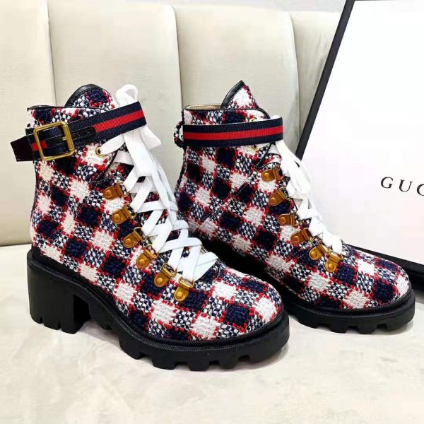 Gucci Women Gucci Zumi GG Check Tweed Ankle Boot in Blue White and Red (7)
