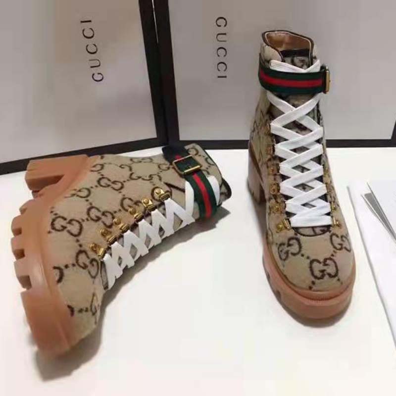 Gucci Women Gucci Zumi GG Wool Ankle Boot in Beige and Ebony GG Wool