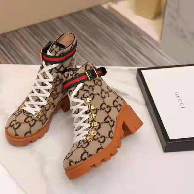 Gucci Women Gucci Zumi GG Wool Ankle Boot in Beige and Ebony GG Wool