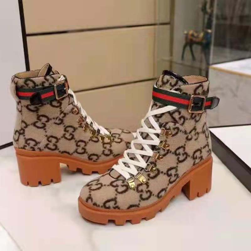 Gucci Women Gucci Zumi GG Wool Ankle Boot in Beige and Ebony GG Wool