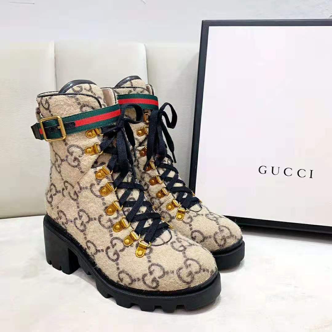 Gucci Women Gucci Zumi GG Wool Ankle Boot in Beige and Ebony GG Wool
