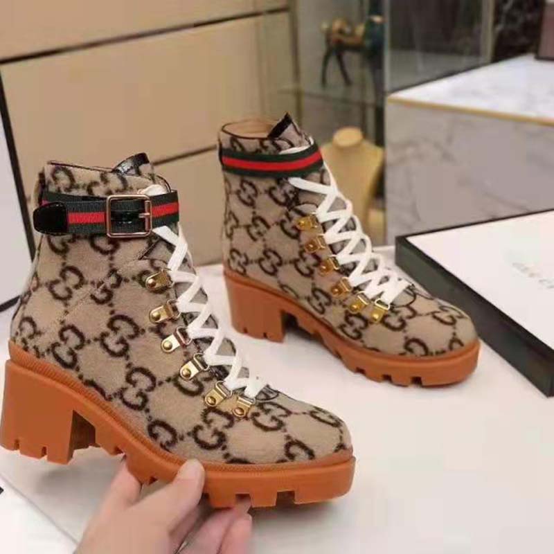 Gucci Women Gucci Zumi GG Wool Ankle Boot in Beige and Ebony GG Wool