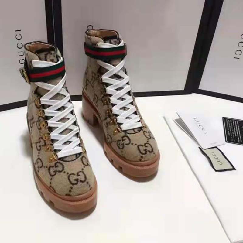 Gucci Women Gucci Zumi GG Wool Ankle Boot in Beige and Ebony GG Wool