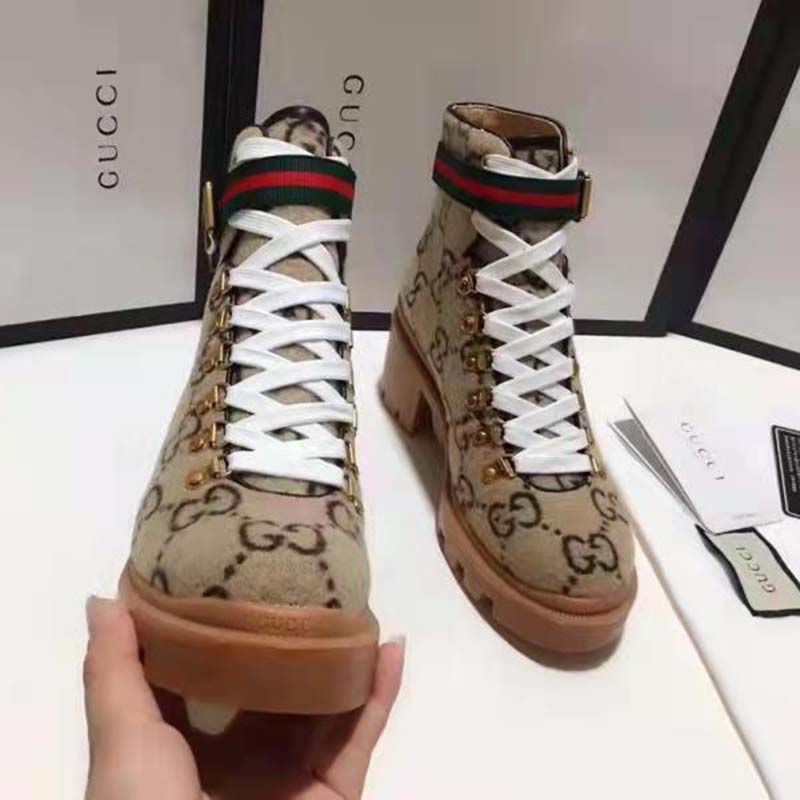 Gucci Women Gucci Zumi GG Wool Ankle Boot in Beige and Ebony GG Wool